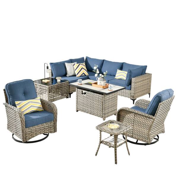 Savona 9-Piece Wicker Outdoor Patio Conversation Sectional Chair Set with Rectangular Fire Pit and Denim Blue Cushions