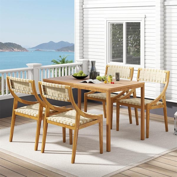 Outdoor Natural Plastic Dining Chair Set of 1 Teak Wood Armless Patio Chair with Webbing Seat and Backrest