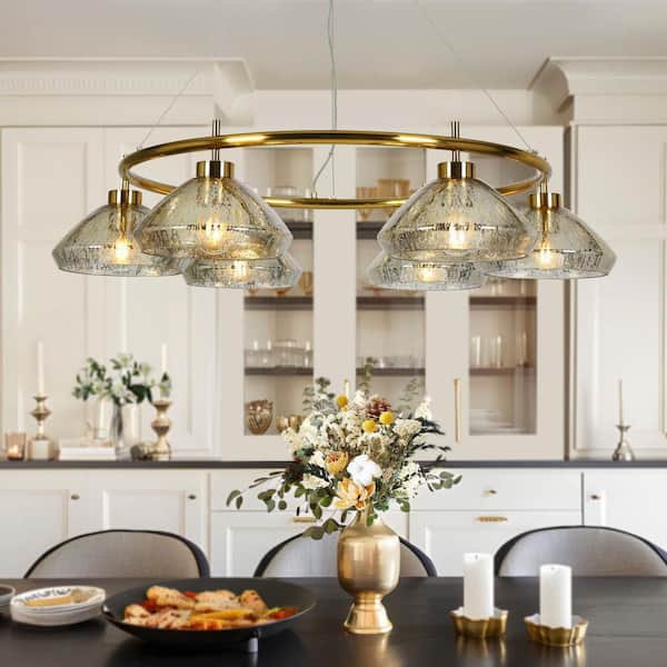 Mid-century Modern 6-light Brass Chandelier for Dining Room, Wagon Wheel Chandelier with Barn Mercury Glass Shade
