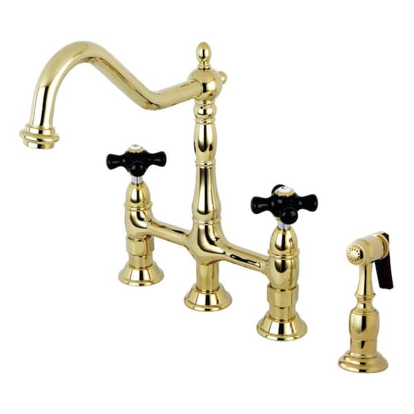 Kingston Brass Duchess 2-Handle Bridge Kitchen Faucet with Side Sprayer in Polished Brass