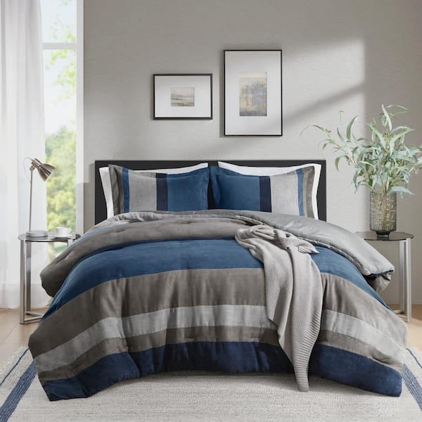 510 Design Boulder Stripe 3-Piece Blue King/Cal King Pieced Faux Suede Comforter Set