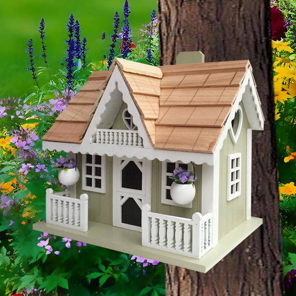Rosemary Green and White Wooden Cottage Birdhouse