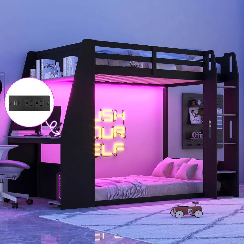 Black and Gray Wood Twin over Twin Bunk Bed with Desk, Shelves, USB and LED Light price history on PriceWatchPro