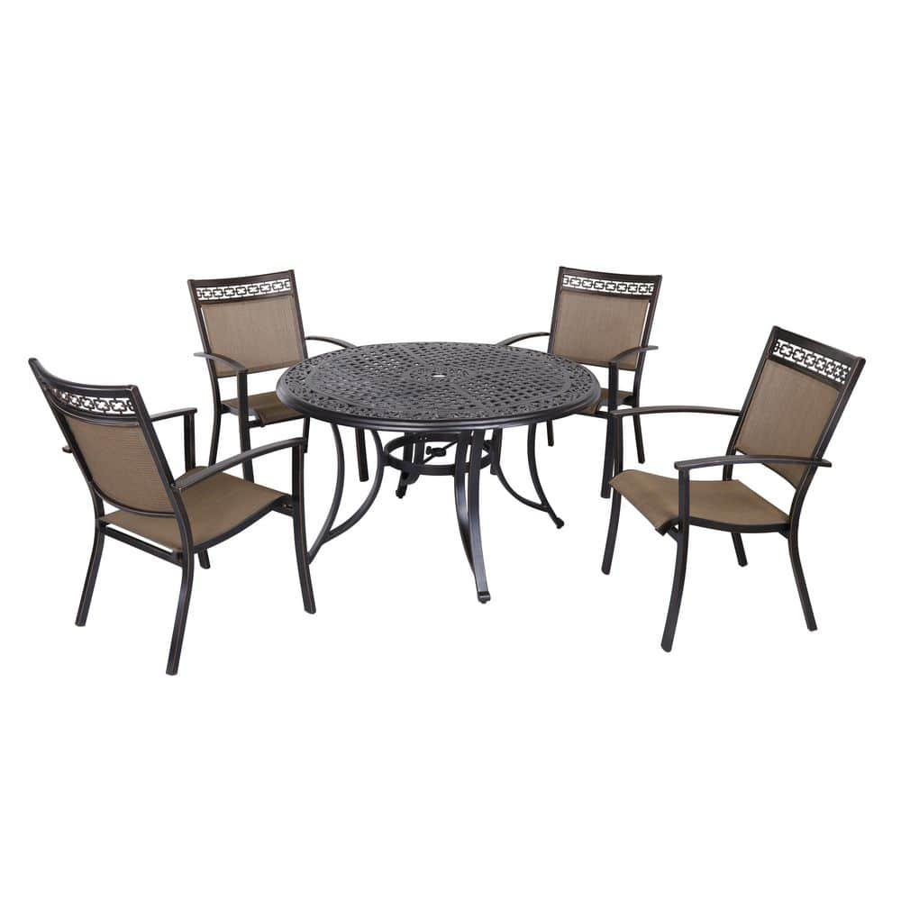 Tim Dark Gold 5-Piece Cast Aluminum Round 28 in. H Outdoor Patio Dining Set and Umbrella Hole -  Mondawe, MD-140-450