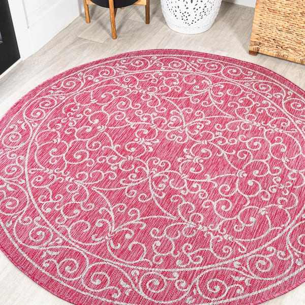 JONATHAN Y Charleston Vintage Filigree Textured Weave Fuchsia/Light Gray 5 ft. Round Indoor/Outdoor Area Rug