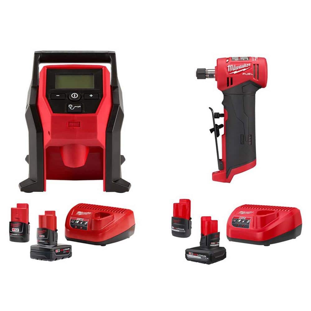 Milwaukee M12 Inflator Kit and M12 1/4 Right Angle Die Grinder w/4.0 Ah and  2.0 Ah Battery Packs w/M12 High Output Kit (2-Pack)  2475-20-48-59-2424-2485-20-48-59-2452S The Home Depot