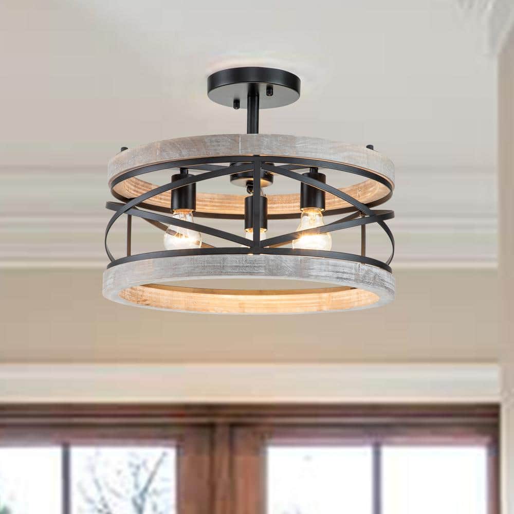 Black and Gray Wood Drum Farmhouse Semi-Flush Mount Ceiling Light