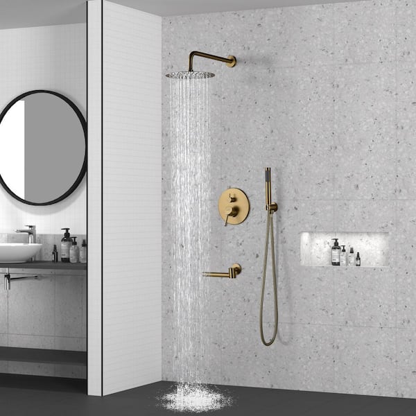 1-Spray Patterns Round 10 in. Wall Mount Dual Shower Heads with Handheld and Tub Faucet in Brushed Gold