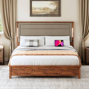 Brown Wood Frame King Platform Bed with Upholstered Headboard, Charging Station and LED Lights