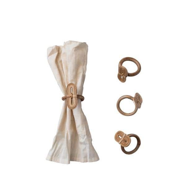 Natural Bamboo Woven Napkin Rings with Linen Bag, Set of 4