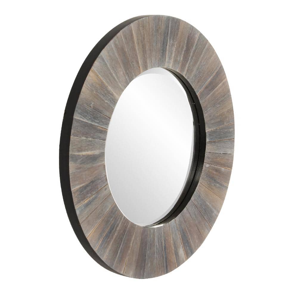 Small Round Gray Rustic Wood Wall Mirror with Beveled Glass