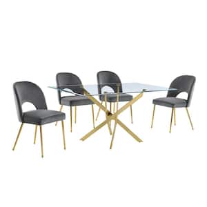 Olly 5-Piece Tempered Glass Top Gold Cross Legs Base Dining Set Dark Gray Velvet Fabric Chairs Set Seats-4