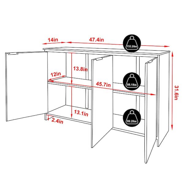 Natural Bamboo 47.4 in. W Sideboard, Fluted 3-door Buffet Storage Cabinet, Yellow