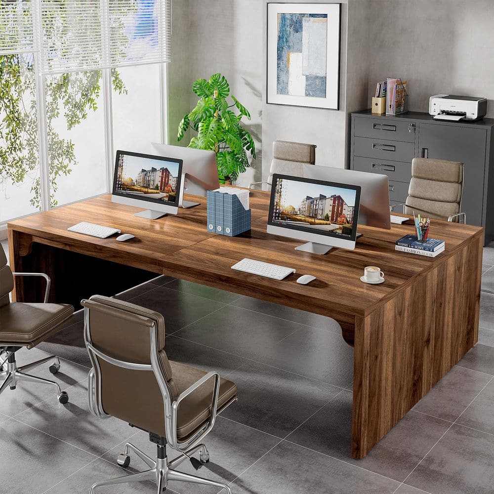 Capen 78.7 in. Rectangle Medium Walnut Brown Wood Computer Desk, Long Home Office Desk Double Writing Table