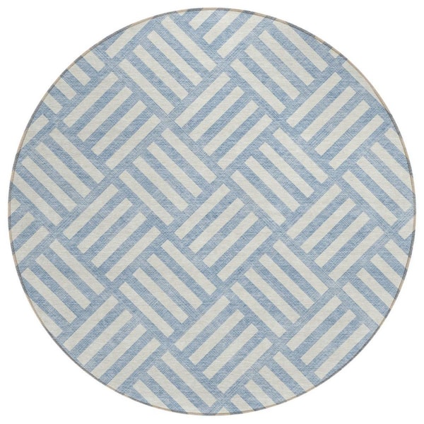 Sky Blue, Ivory 8 ft. Round Woven Geometric Polyester Round Indoor/Outdoor Area Rug