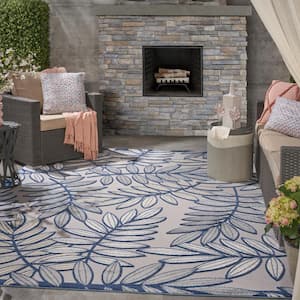 Aloha Ivory/Navy 8 ft. x 11 ft. Floral Modern Indoor/Outdoor Patio Area Rug