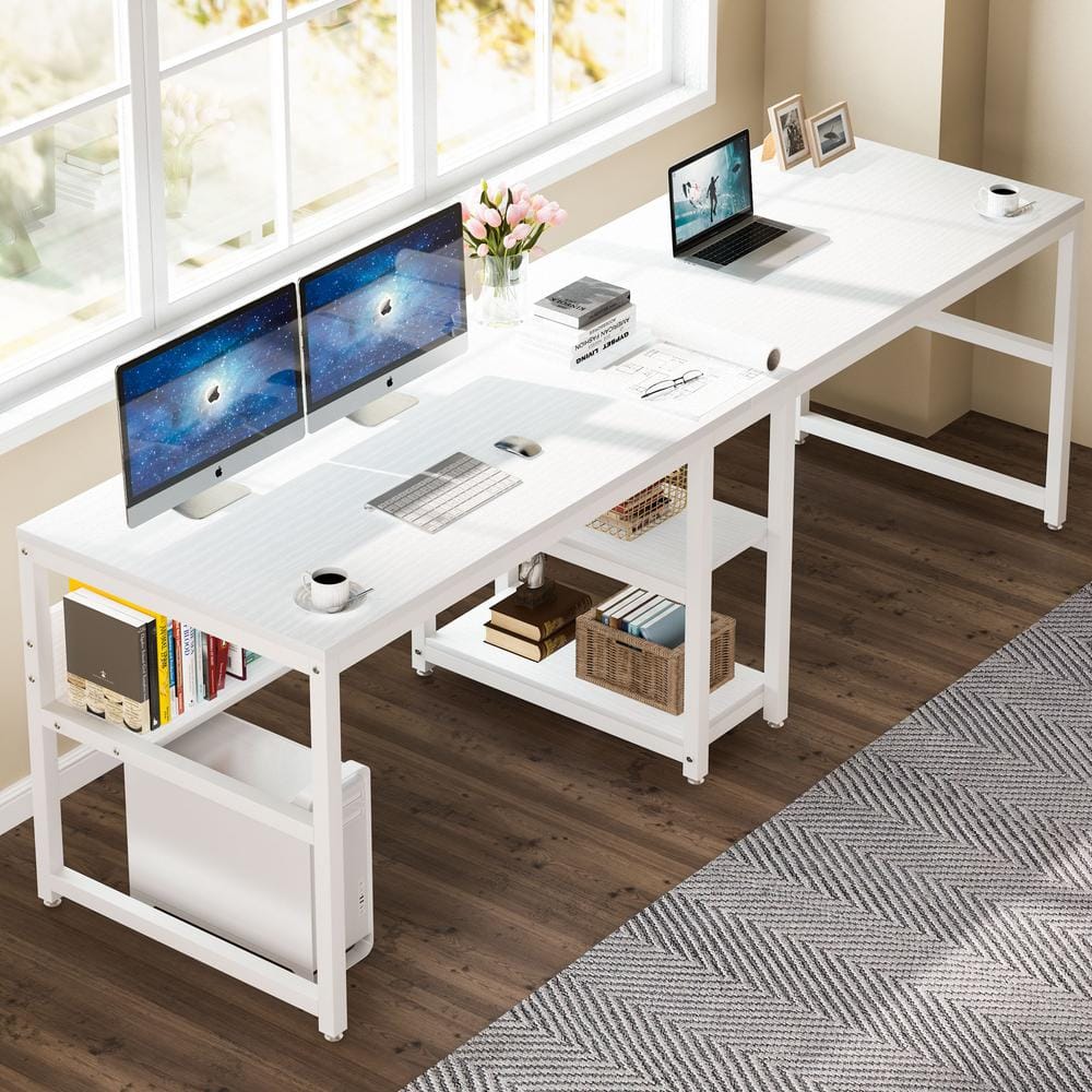 White Double Workstation Desk with Bookshelf and Storage Shelves