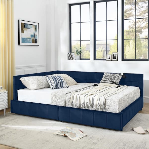 Farley Dark Blue Velvet Upholstered Queen Size Daybed with Storage Drawers, Tufted Bed Frame, Armrests
