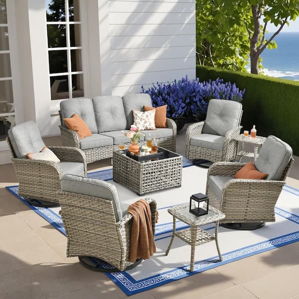 Vinceny Gray 8-Piece Wicker Patio Conversation Set with Dark Gray Cushions and Coffee Table