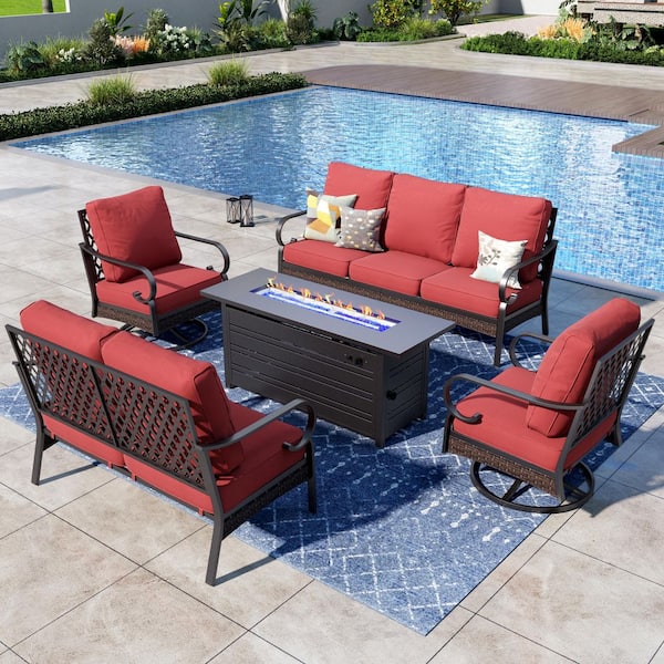 PHI VILLA 5-Piece Black Metal 7-Seats Fire Pit Patio Sets with Swivel Chair, 50000 BTU Fire Pit Table and Red Cushions