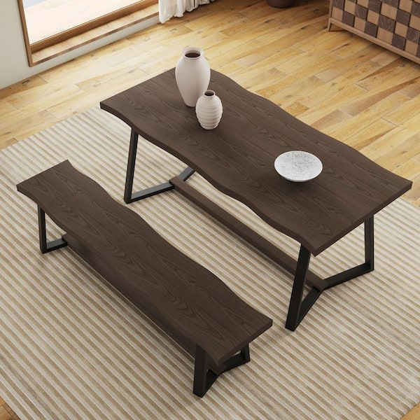 A Walnut Wood Top Surface and Metal Frame 70.9 in. Width Dining Table and Long Dining Chair, Indoor / Outdoor Dining Set
