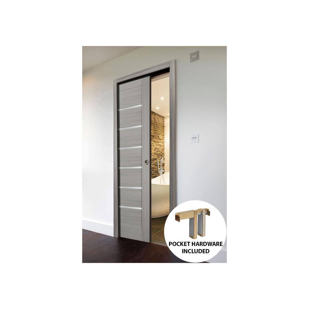 36 x 80 Inch Grey Ash Pocket Door with Frosted Glass