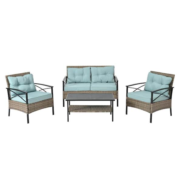 Zeus & Ruta 4-Piece Brown Wicker and Metal Outdoor Patio Conversation Sectional with Lake Blue Cushions and Coffee Table