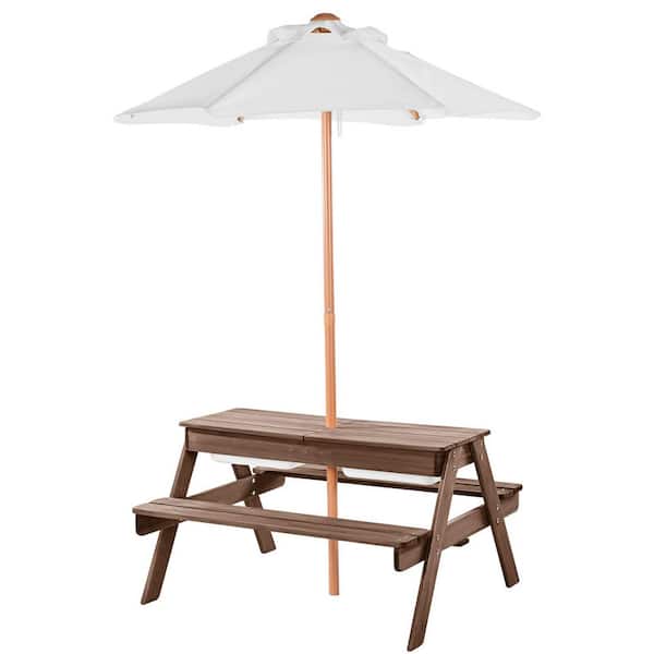Kids Picnic Table with Umbrella 31.5 in. Brown Wood Rectangle, wood Seating Capacity, Umbrella Hole Water-Based Coating1