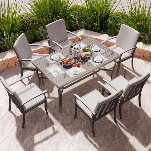 EGEIROSLIFE Brown 7-Piece Aluminum Outdoor Dining Set with Rectangle Table and Gray Cushions