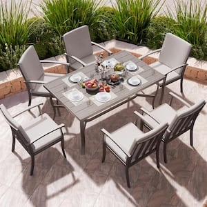 Brown 7-Piece Aluminum Outdoor Dining Set with Rectangle Table and Gray Cushions