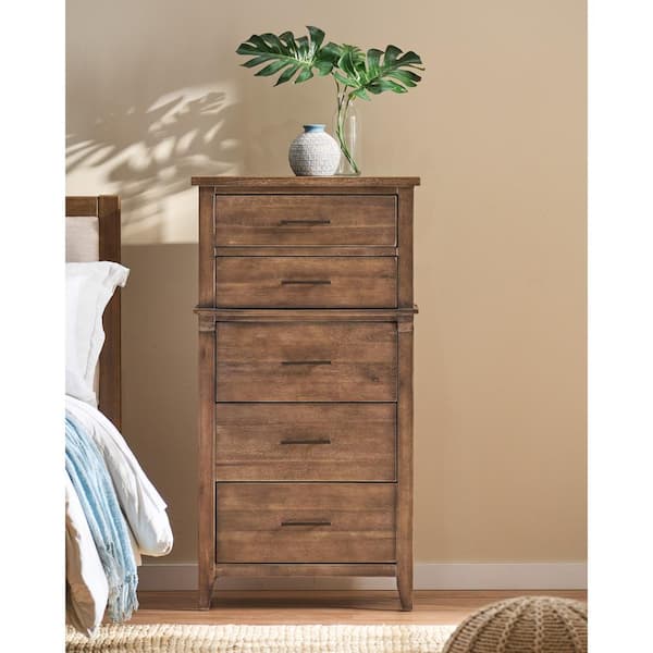 Noble House Coastal 27 in. Modern Acacia Wood Dresser with 5 Drawer, Light Brown Glaze