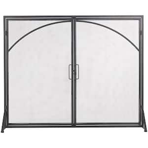 Black Metal Minimalistic Single-Panel Fireplace Screen with Arch Inspired Doors and Handles