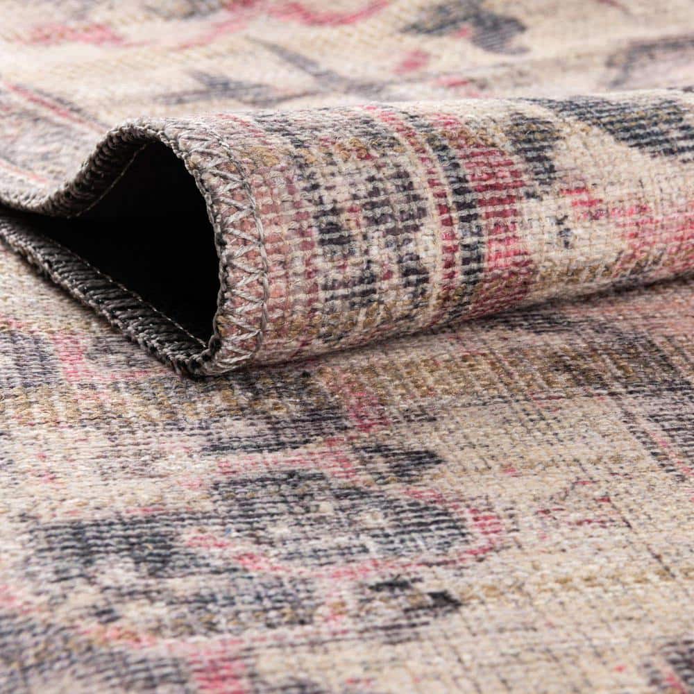 Beige Pink Synthetic Reversible Indoor Runner Rug