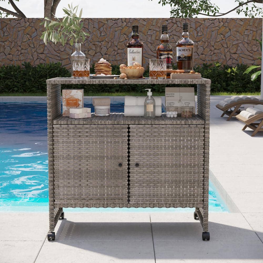 FUFU&GAGA Outdoor Wicker Island Bar Cart & Patio Bar Table, Rolling ...