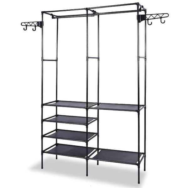66.10 in. Garment Rack Heavy Duty Metal Shoe Clothing Organizer Shelves Freestanding Multifunctional Clothes, Black