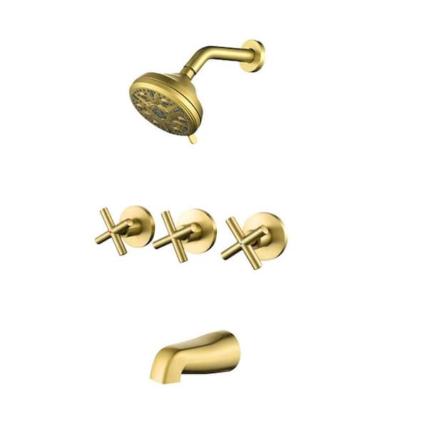 Rain 3-Handle 10-Spray Tub Shower Faucet 1.8 GPM with Pressure Balance in Gold (Valve Included)