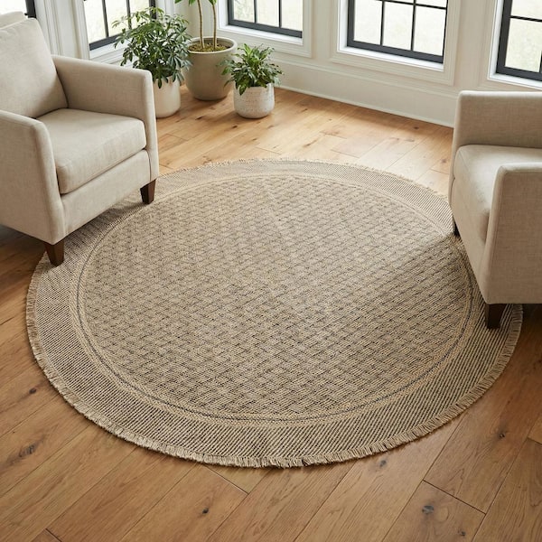 Naturalistic Symmetry Natural-Black 5 ft. Casual Flatwoven Geometric Polypropylene Round Indoor/Outdoor Area Rug