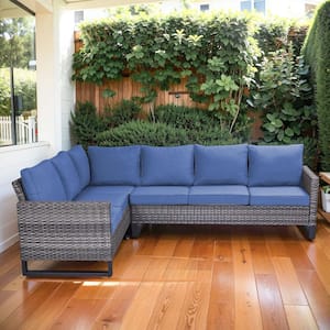 Valenta Gray Wicker Outdoor Sectional with Blue Cushions