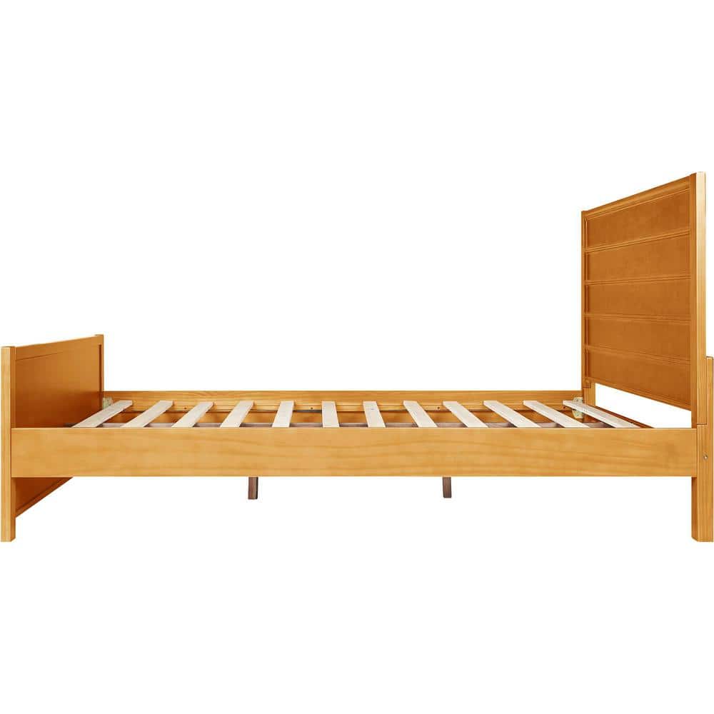 Caroline Pine Queen Platform Bed with Drawer and Slatted Headboard, Oak