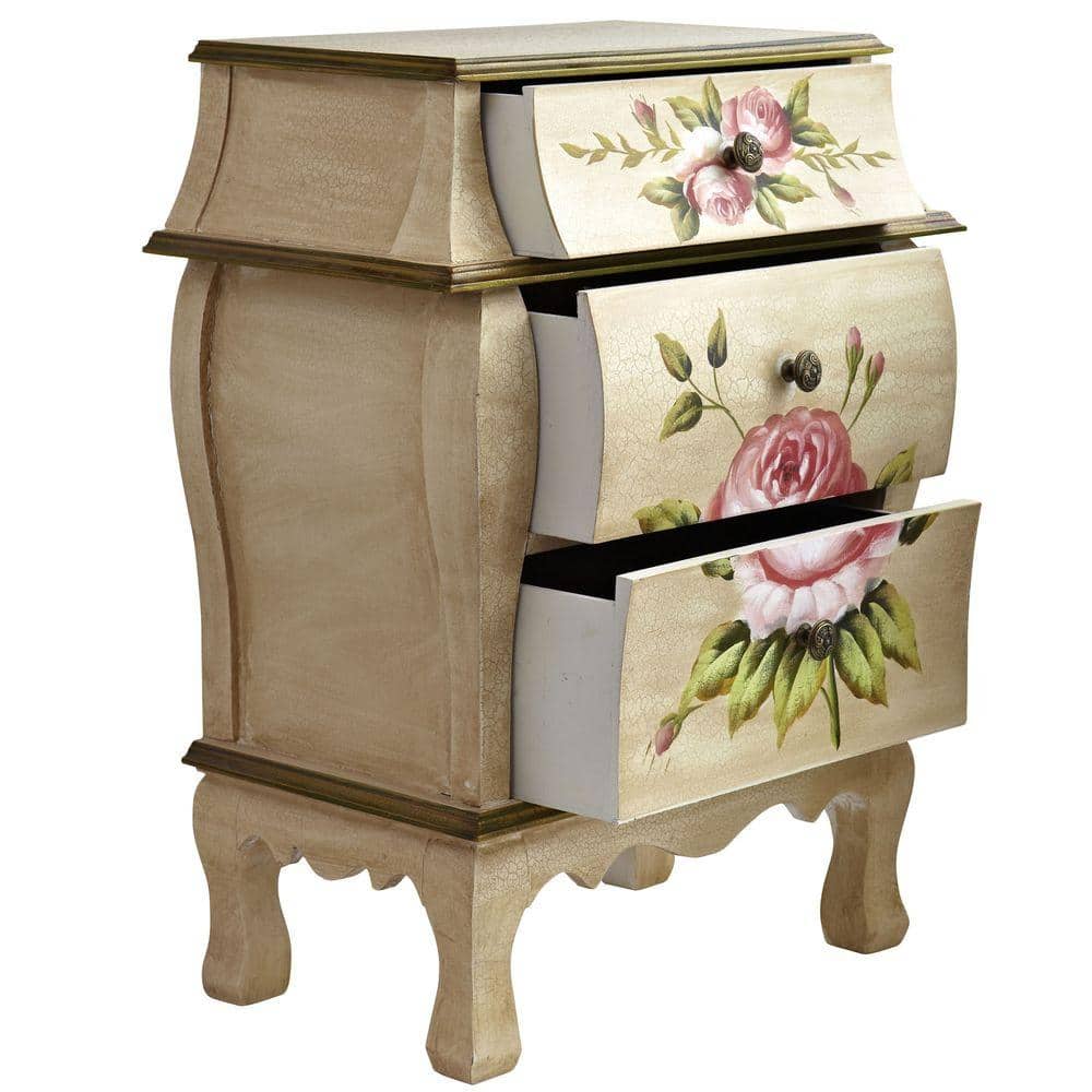 Antique White Floral Pattern 3-Drawer Nightstand
