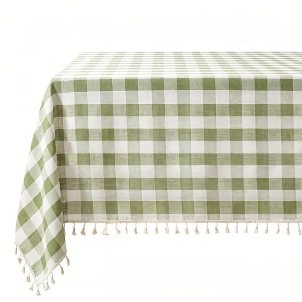 55 in. W x 84 in. L Green Checkered Linen Cotton Tablecloth