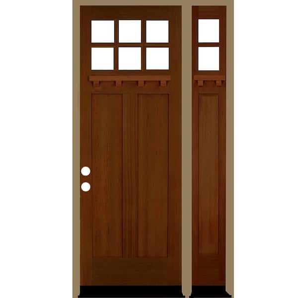 Krosswood Doors 50 in. x 96 in. Craftsman 6-Lite Right-Hand/Inswing Clear Glass Red Chestnut Stain Hemlock Wood Prehung Front Door w/RSL