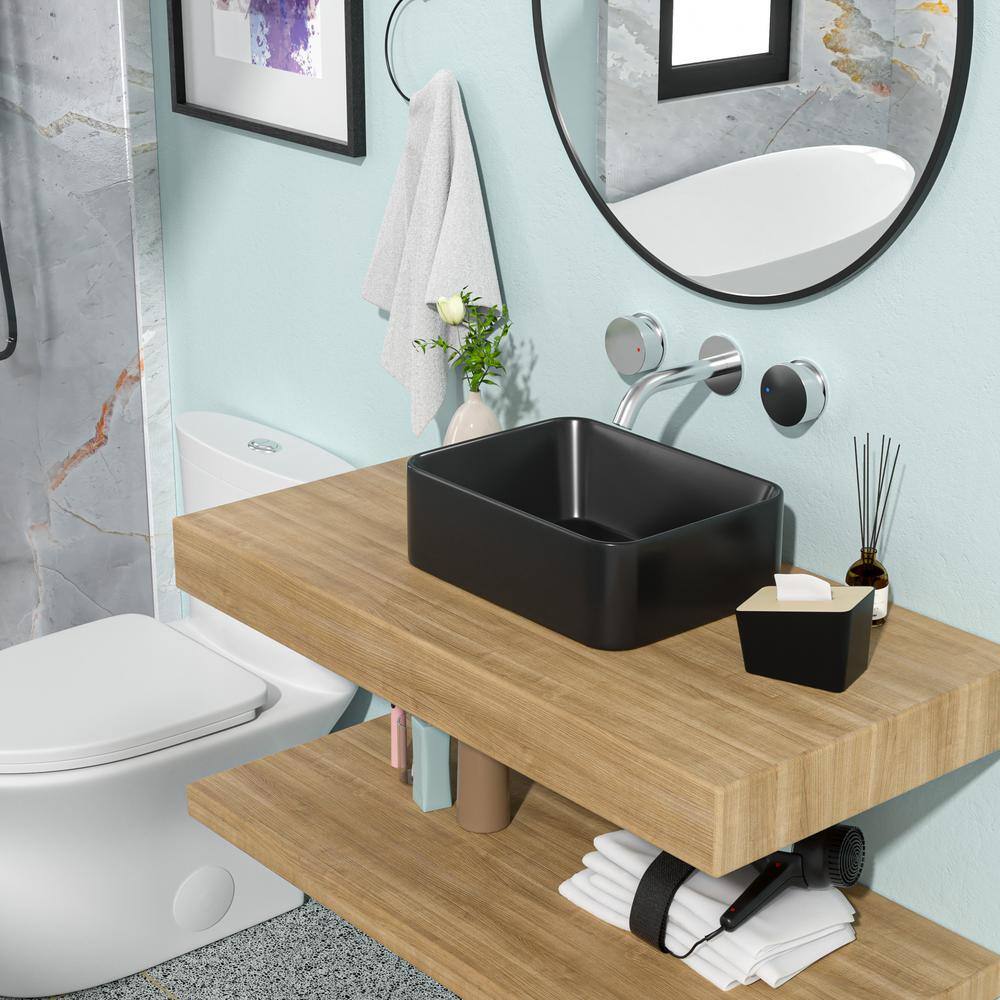 16" Black Ceramic Rectangular Vessel Bathroom Sink