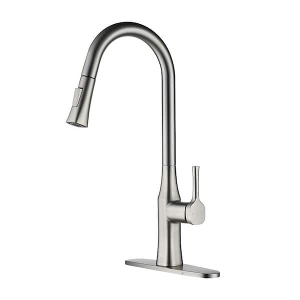 Boyel Living 2-Spray Patterns Single Handle Pull Down Sprayer Kitchen Faucet with Deckplate and Water Supply Hoses in Brushed Nickel