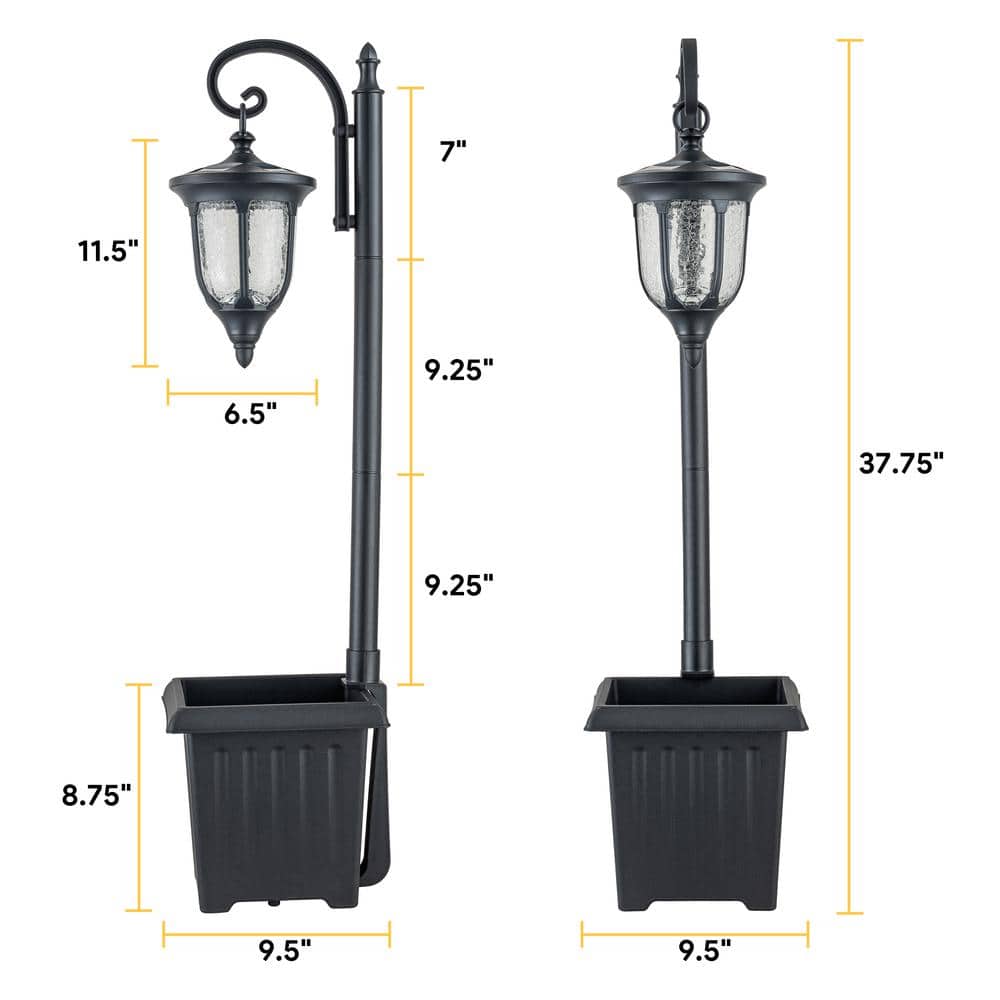 Black Solar Lamp Post with Planter and Crackle Glass Shade