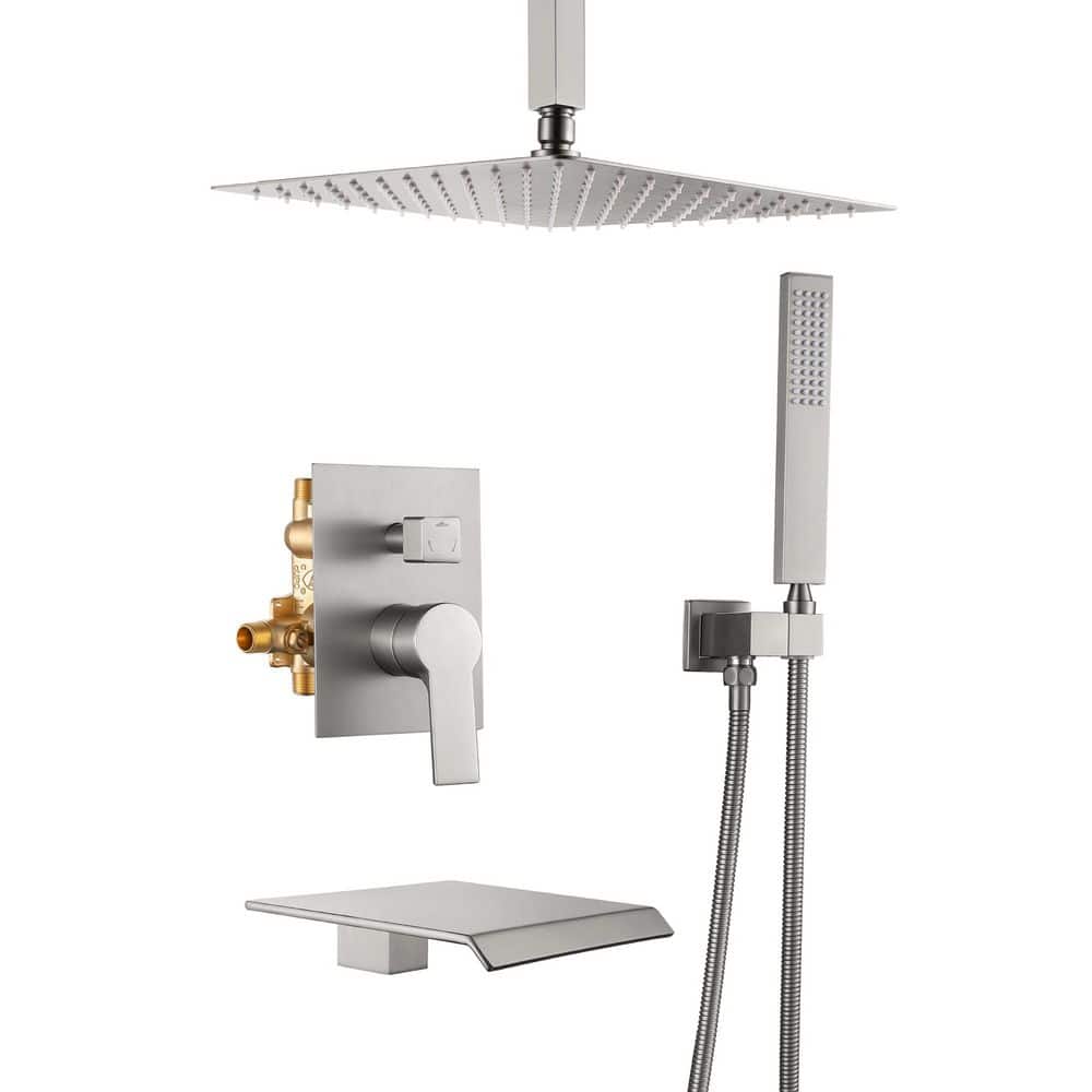 Boyel Living 1-Spray with 8 in. Waterfall Tub Spout Spray 12 in. Ceiling Mount and Handheld Shower Head 2.5 GPM in Brushed Nickel