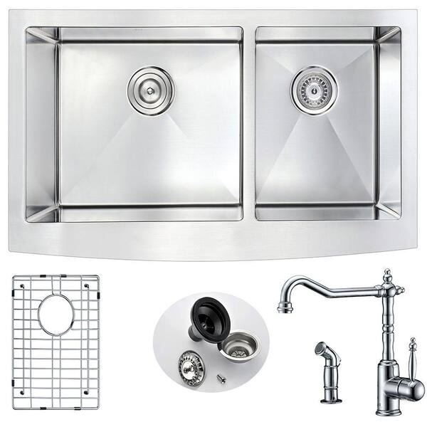 ANZZI ELYSIAN Farmhouse Stainless Steel 36 in. 0-Hole Kitchen Sink and Faucet Set with Locke Faucet in Brushed Satin