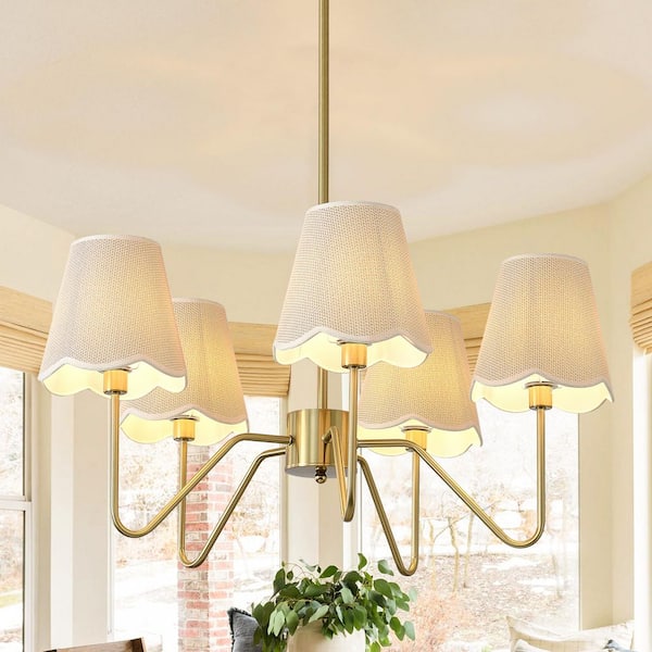 5 Light Gold Rustic Chandelier 32 in. Bohemian Farmhouse Dining Room Pendant Light Fixtures with Hand-Woven Fabric Shade