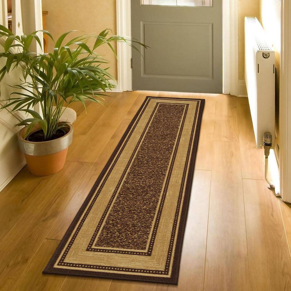 Contemporary Chocolate Brown 3x10 Synthetic Runner Rug with Non-Slip Backing
