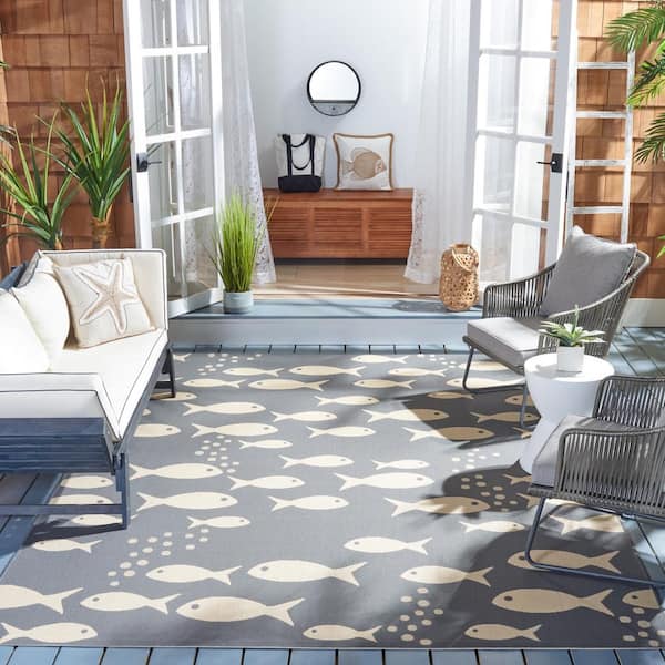 Courtyard Dark Gray/Beige 9 ft. x 12 ft. Novelty Fish Indoor/Outdoor Patio  Area Rug